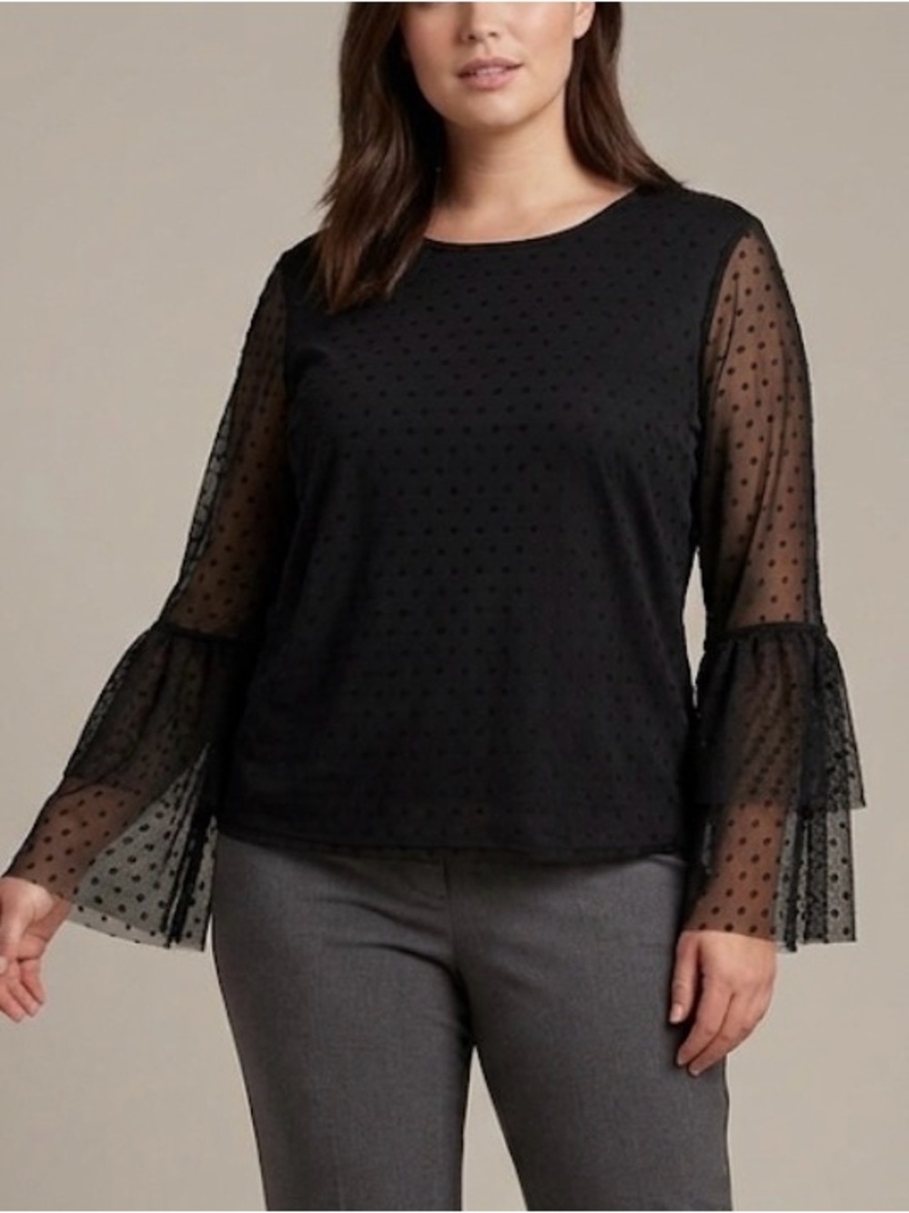Women’s Black Dot Bell Sleeve Gauzy Blouse Boho Party Sheer Black Medium